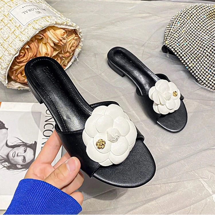 High End Luxury Flower Slippers Women Camellia Shoes Open Toe Slides Femme Outside&Home Pantuflas Sandals Ladies Flip Flops