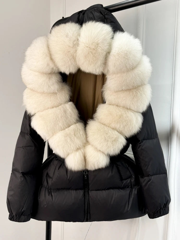 Real Fox Fur Puffer Hooded Coat. Thick Warm Waterptoof