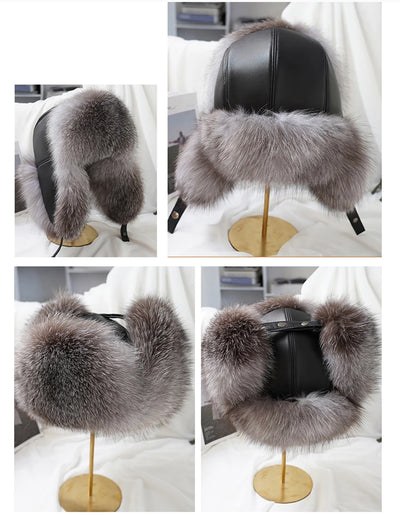 100% Real Silver Fox Fur Bomber Hat Raccoon Fur Real Leather