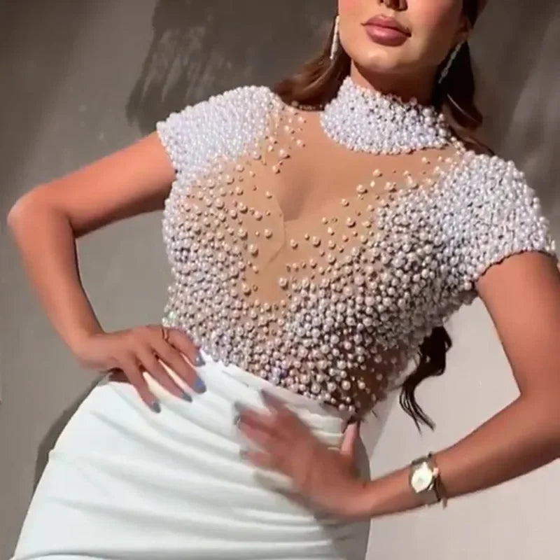 White Sheer Mesh  Pearl Elegant Lady's Evening Gown