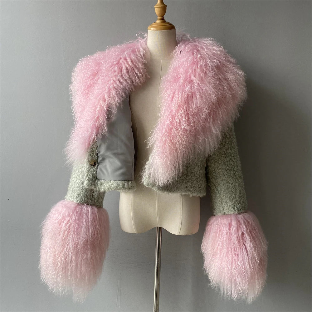 Jxwatcher Wool Coat for Women Real Mongolian Fur Collar Cuffs Winter Fashion Solid Color Tweed Cropped Jacket Fall New Arrival