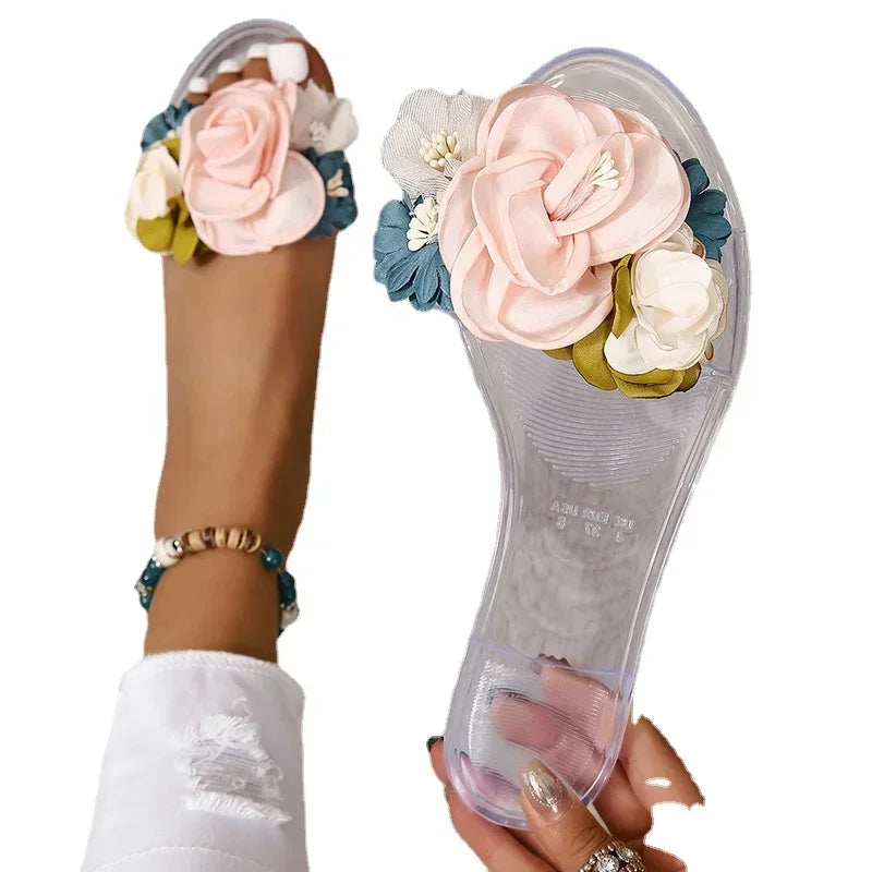 Women's Flower Flat Slippers New Summer Female Beach Shoes Fashion Open Toe Casual Slides Shoes for Women Outdoor Ladies Sandals