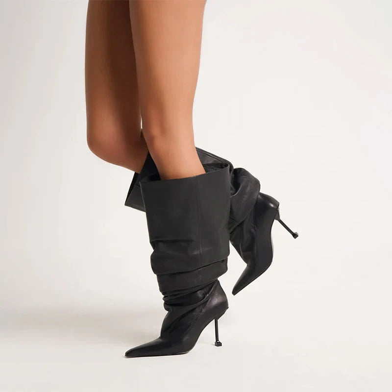 European and American Autumn and Winter High-heeled Knee Length Pleated Boots, Fashionable Pointed Sleeve, Plus Size for Women