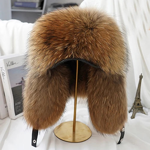 100% Real Silver Fox Fur Bomber Hat Raccoon Fur Real Leather