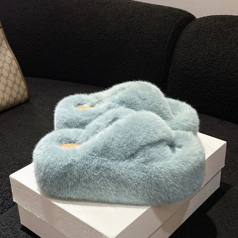 Woman Furry Ladies Faux Fur Luxury Fluffy Plush Slipper House Fuzzy Girl Platform Indoor Flat Casual sandals Round Toe Winter