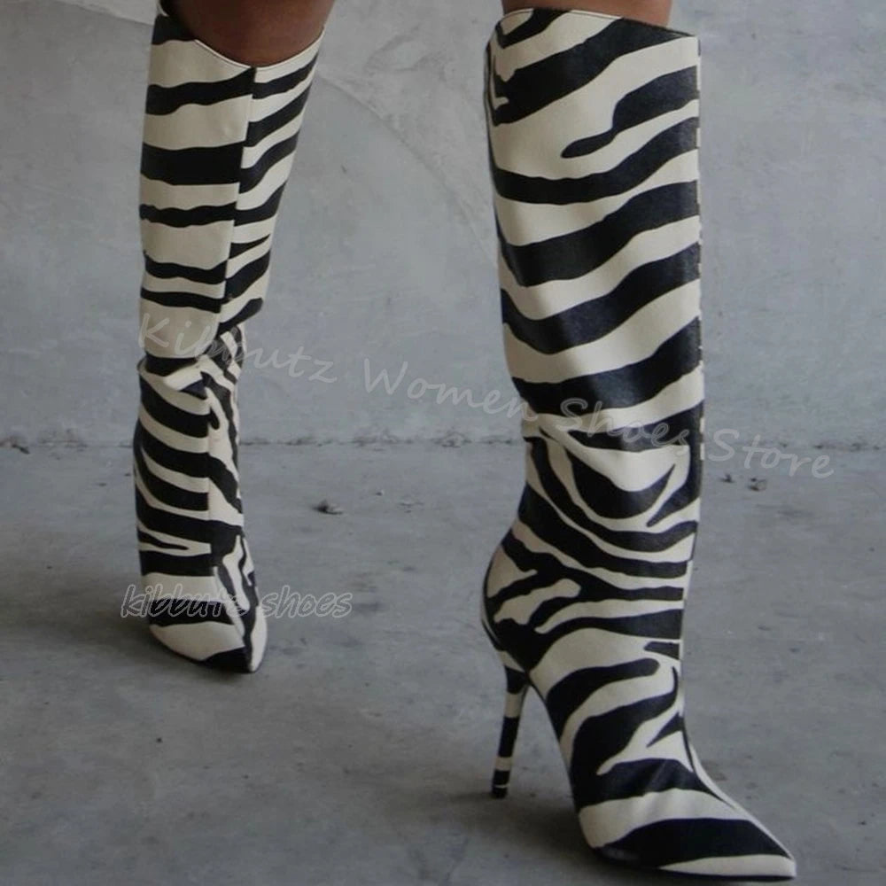 Zebra Print Knee High Boots Genuine Leather Mixed Color Slip-On Elegant Concise Fashion Women Shoes New Pointed Toe Thin Heels