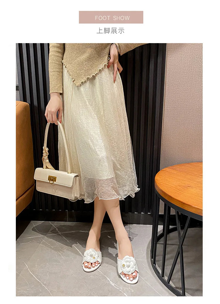 High End Luxury Flower Slippers Women Camellia Shoes Open Toe Slides Femme Outside&Home Pantuflas Sandals Ladies Flip Flops