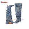 Denim Pants Boots Pointy Toe Pleated Over The Knee Boots for Women Winter 2024 Casual Rivet Pocket Decor Patchwork Luxury Shoes