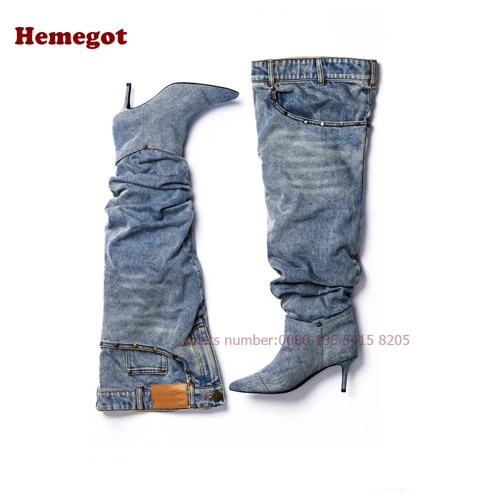 Denim Pants Boots Pointy Toe Pleated Over The Knee Boots for Women Winter 2024 Casual Rivet Pocket Decor Patchwork Luxury Shoes