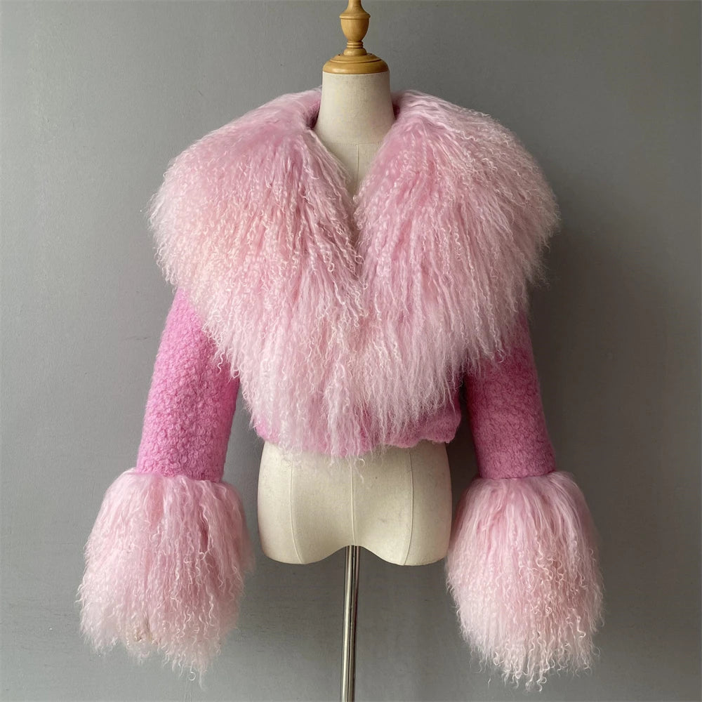 Jxwatcher Wool Coat for Women Real Mongolian Fur Collar Cuffs Winter Fashion Solid Color Tweed Cropped Jacket Fall New Arrival