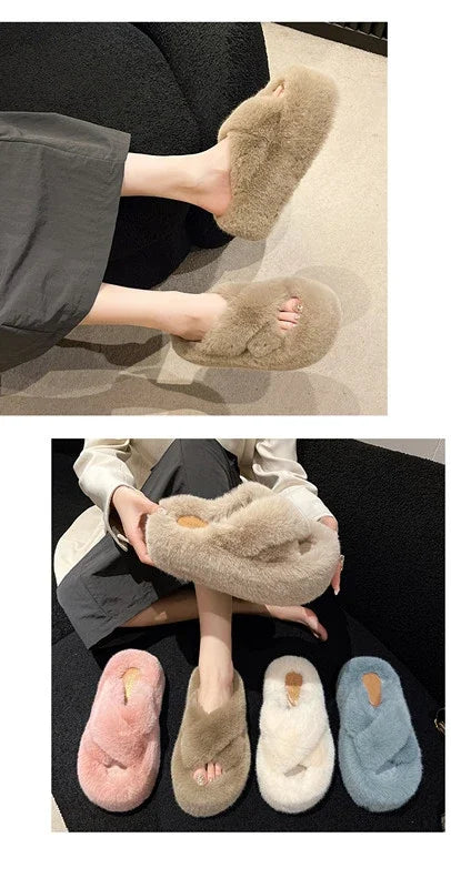 Woman Furry Ladies Faux Fur Luxury Fluffy Plush Slipper House Fuzzy Girl Platform Indoor Flat Casual sandals Round Toe Winter