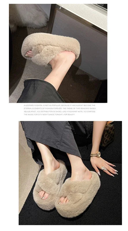 Woman Furry Ladies Faux Fur Luxury Fluffy Plush Slipper House Fuzzy Girl Platform Indoor Flat Casual sandals Round Toe Winter