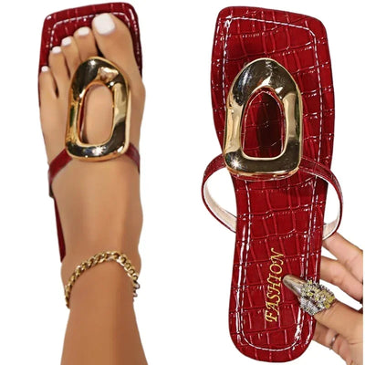 Wine Red Fashion Metal Footwear Women Slippers Flip Flops Summer Beach Female Slides Slippers Luxury Ladies Flats Sandals Shoes