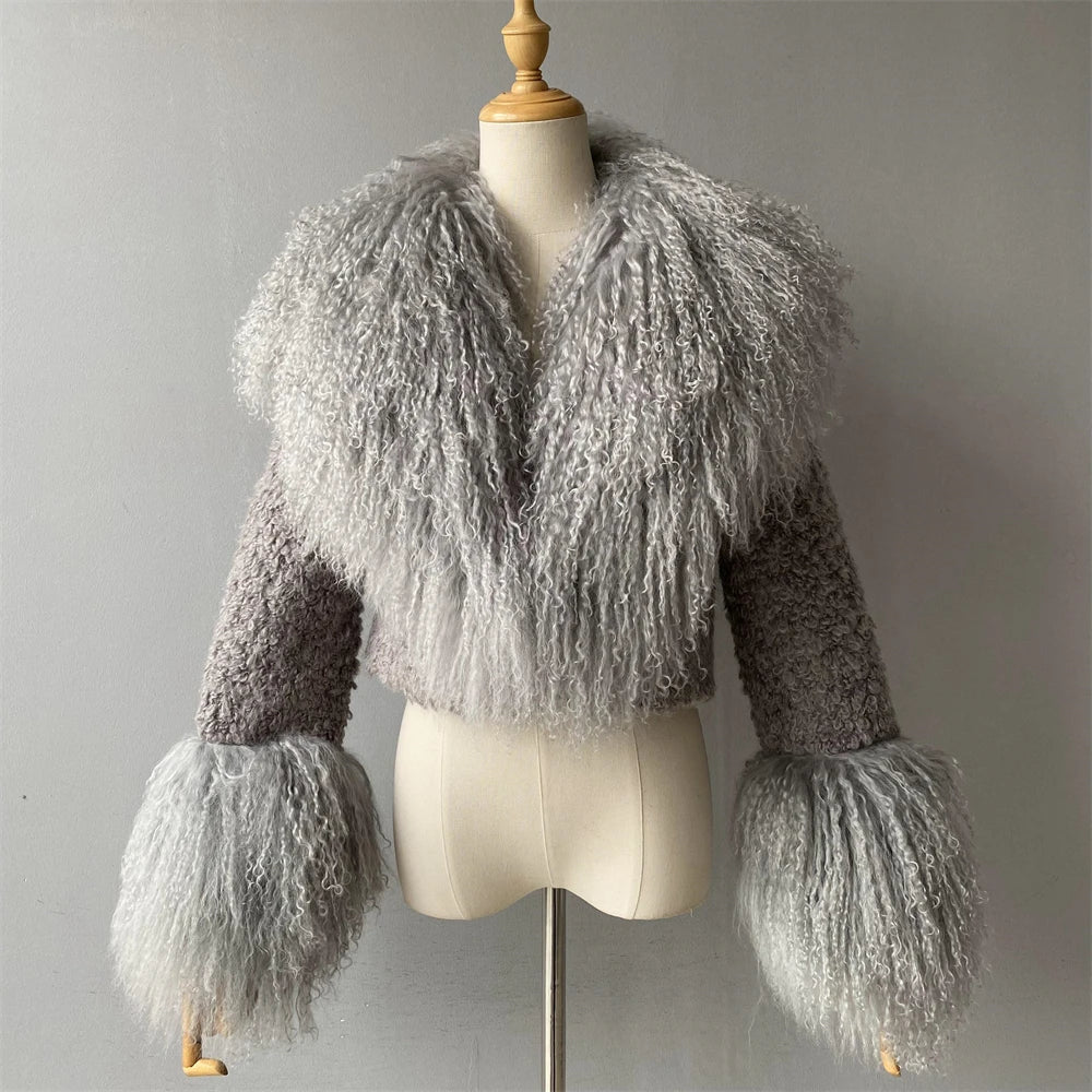 Jxwatcher Wool Coat for Women Real Mongolian Fur Collar Cuffs Winter Fashion Solid Color Tweed Cropped Jacket Fall New Arrival