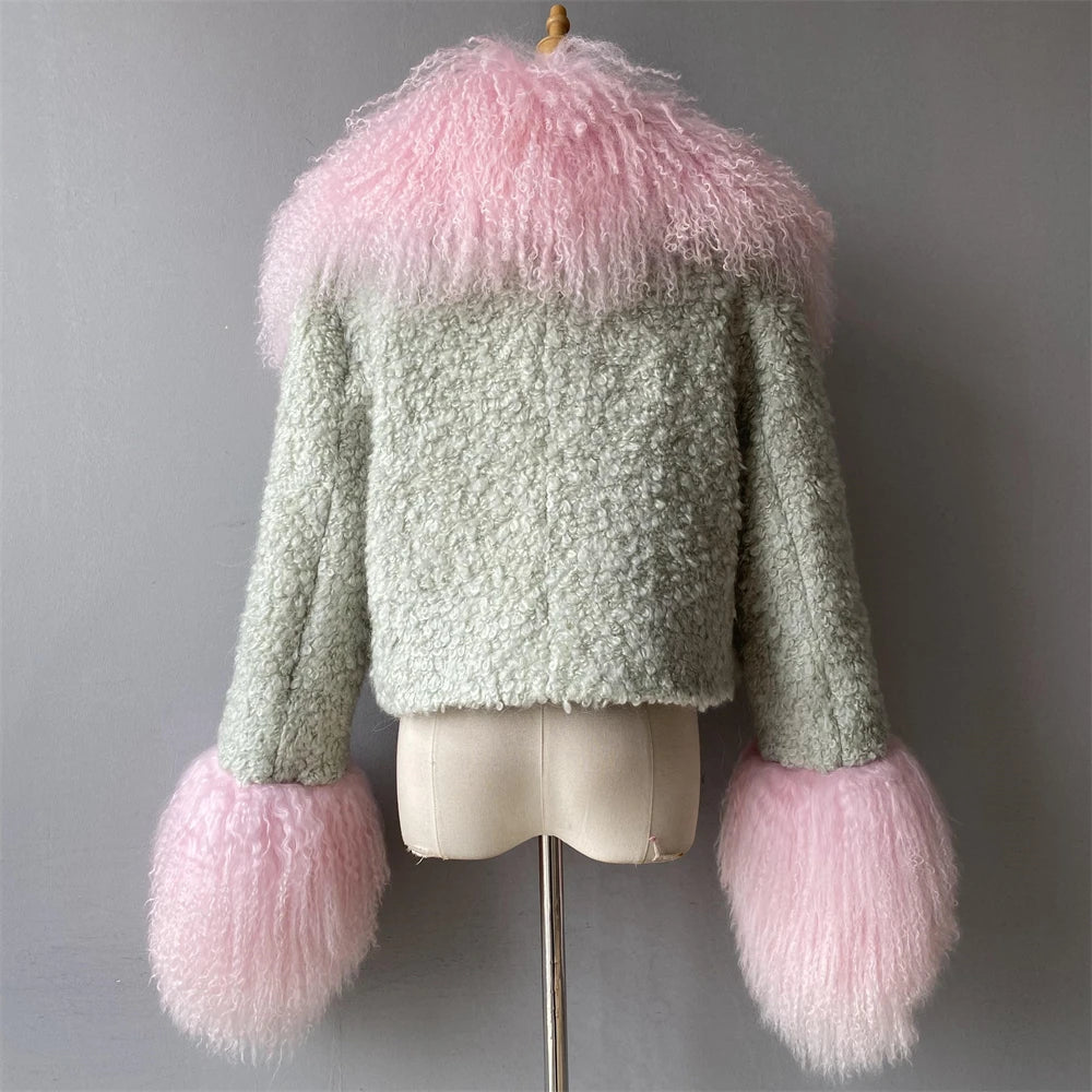 Jxwatcher Wool Coat for Women Real Mongolian Fur Collar Cuffs Winter Fashion Solid Color Tweed Cropped Jacket Fall New Arrival
