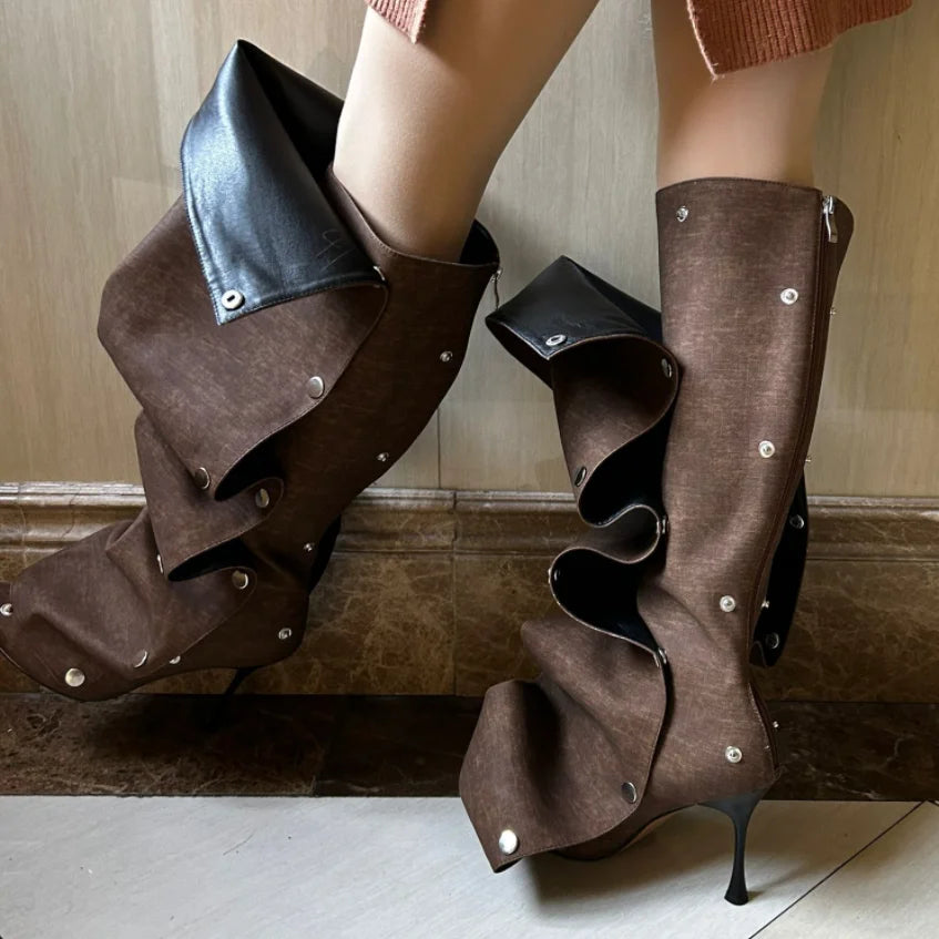 High Heel Long Boots for Women Botte Winter Boots Shoes Botas Mujer Thin Heeled Pointed Denim Metal Button Shoe Zapatos De Mujer