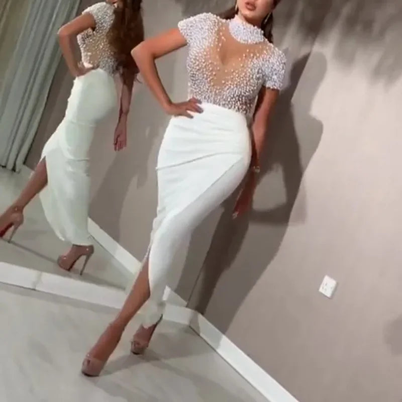 White Sheer Mesh  Pearl Elegant Lady's Evening Gown