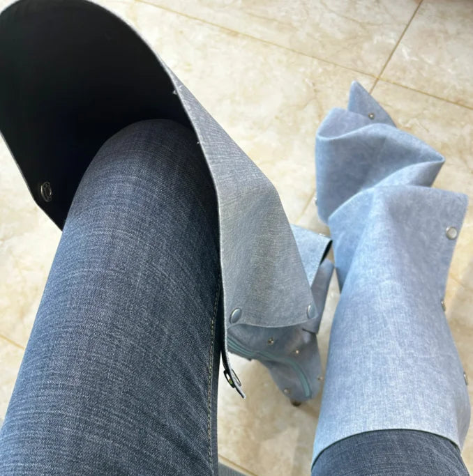 High Heel Long Boots for Women Botte Winter Boots Shoes Botas Mujer Thin Heeled Pointed Denim Metal Button Shoe Zapatos De Mujer