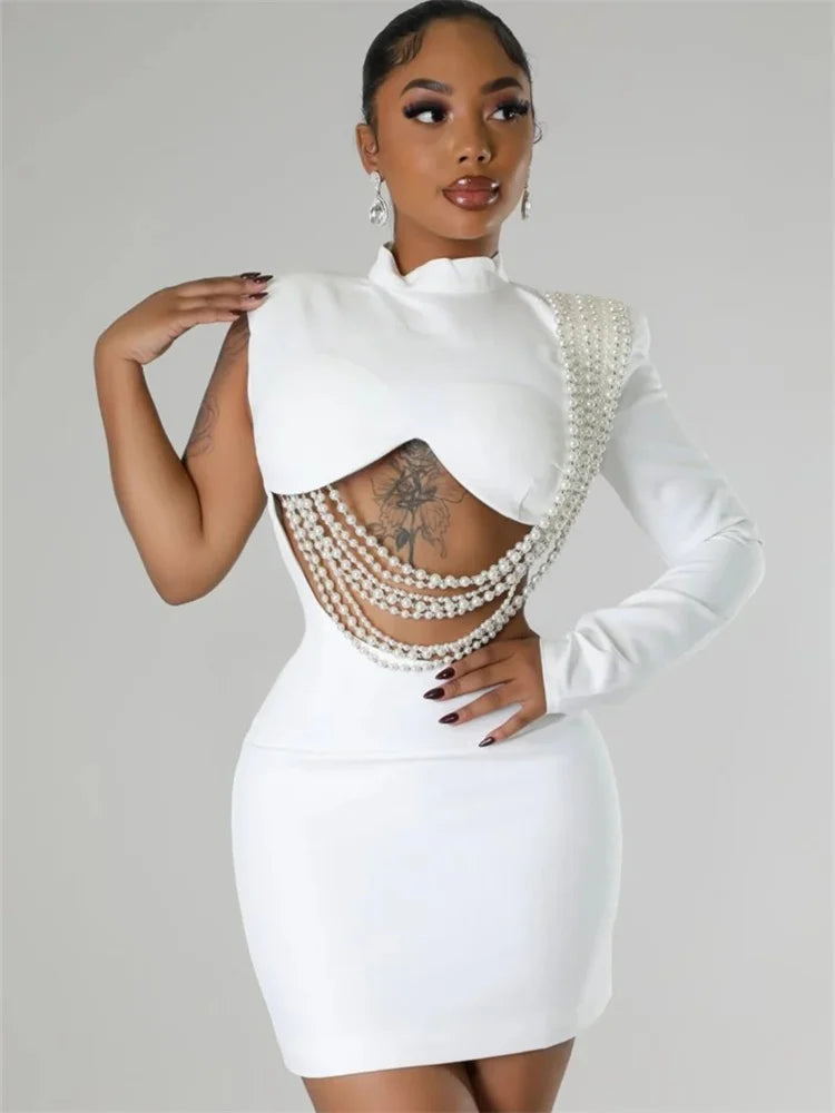 Waist and Back Exposed White Sexy Pearl Pendant Slim Dress