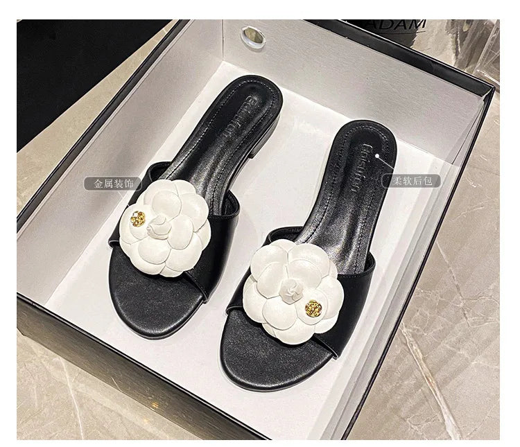 High End Luxury Flower Slippers Women Camellia Shoes Open Toe Slides Femme Outside&Home Pantuflas Sandals Ladies Flip Flops