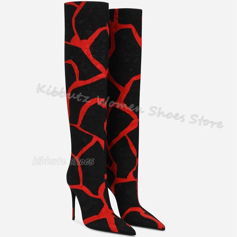 Zebra Print Knee High Boots Genuine Leather Mixed Color Slip-On Elegant Concise Fashion Women Shoes New Pointed Toe Thin Heels
