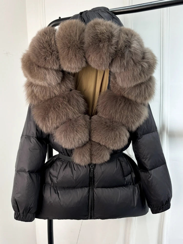 Real Fox Fur Puffer Hooded Coat. Thick Warm Waterptoof