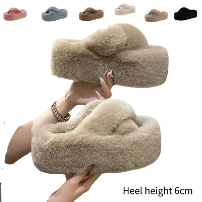 Woman Furry Ladies Faux Fur Luxury Fluffy Plush Slipper House Fuzzy Girl Platform Indoor Flat Casual sandals Round Toe Winter