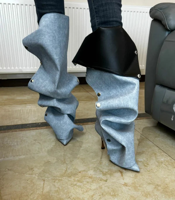 High Heel Long Boots for Women Botte Winter Boots Shoes Botas Mujer Thin Heeled Pointed Denim Metal Button Shoe Zapatos De Mujer