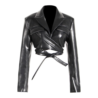 Lace-up Waist-controlled Chest-flattering Long Sleeve PU Leather Short Coat