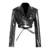 Lace-up Waist-controlled Chest-flattering Long Sleeve PU Leather Short Coat