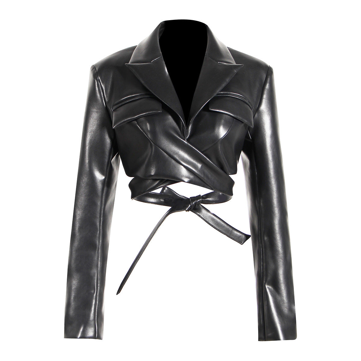Lace-up Waist-controlled Chest-flattering Long Sleeve PU Leather Short Coat