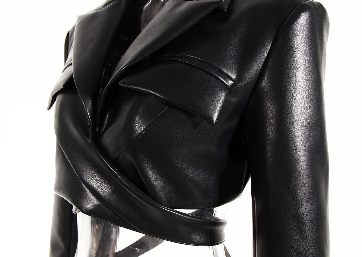 Lace-up Waist-controlled Chest-flattering Long Sleeve PU Leather Short Coat