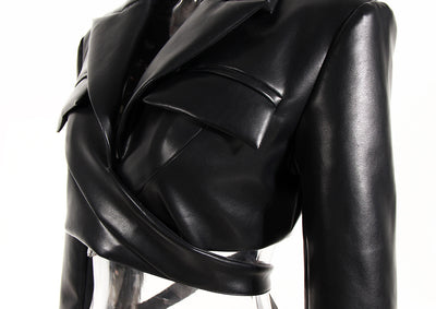 Lace-up Waist-controlled Chest-flattering Long Sleeve PU Leather Short Coat
