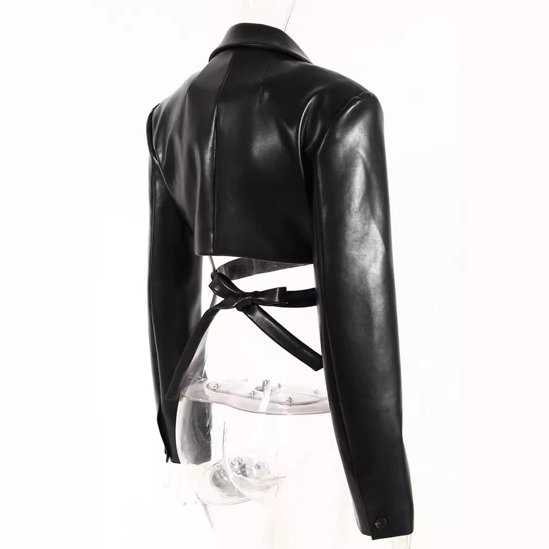 Lace-up Waist-controlled Chest-flattering Long Sleeve PU Leather Short Coat