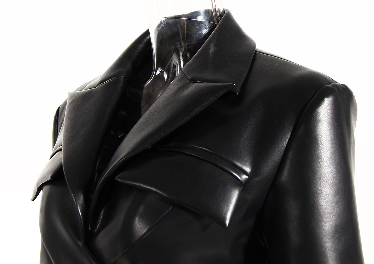 Lace-up Waist-controlled Chest-flattering Long Sleeve PU Leather Short Coat