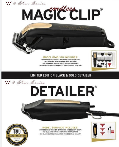 Wahl Cordless Black and Gold Magic Clip and Corded Detailer Black and Gold Bundle Limited Edition