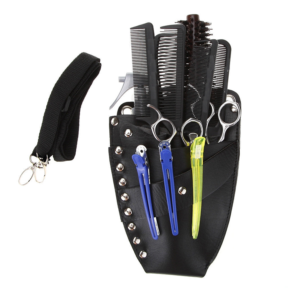 PU Leather Rivet Hair Scissor Bag Clips Bag Hairdressing Barber Scissor Holster Pouch Holder Case with Waist Shoulder Belt Black