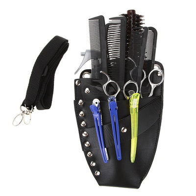 PU Leather Rivet Hair Scissor Bag Clips Bag Hairdressing Barber Scissor Holster Pouch Holder Case with Waist Shoulder Belt Black